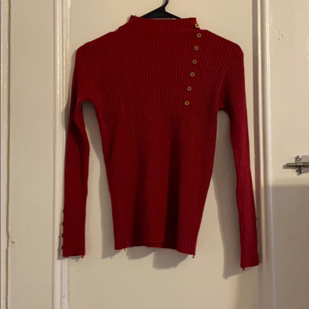 Red mock neck top with buttons